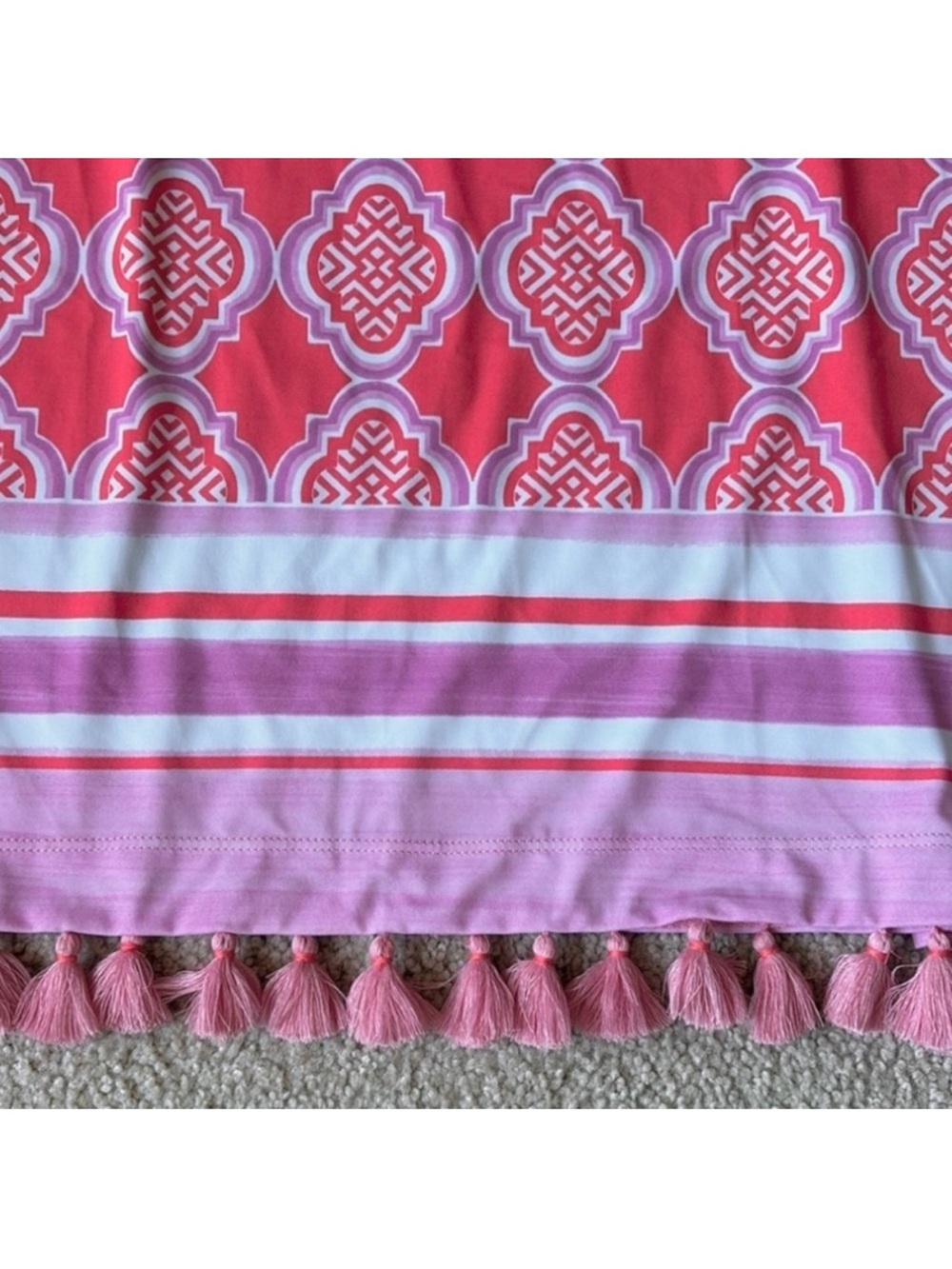NWT Cabana Life Coral Geo Coverluxe Smocked Off-the-Shoulder Tassel Dress Small - Picture 8 of 13